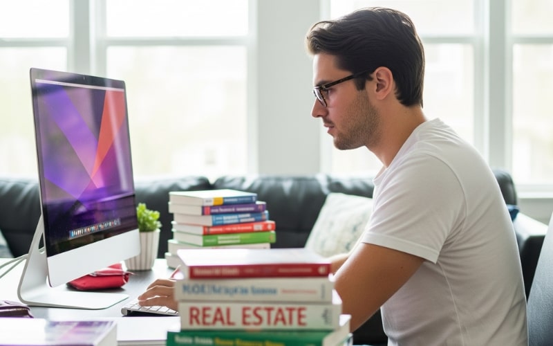 Delaware Real Estate Practice Exam a man is learning and doing Delaware state practice test for real estate exam