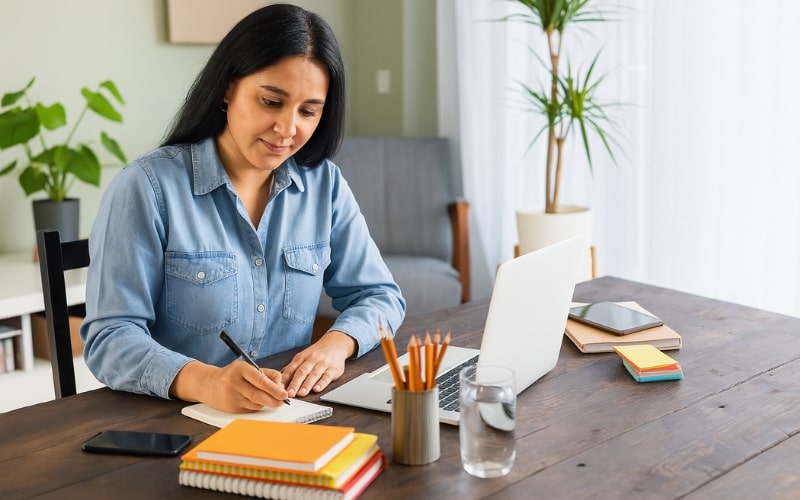 Illinois Real Estate Practice Exam a woman notes down knowledge after finishing Illinois real estate practice tests