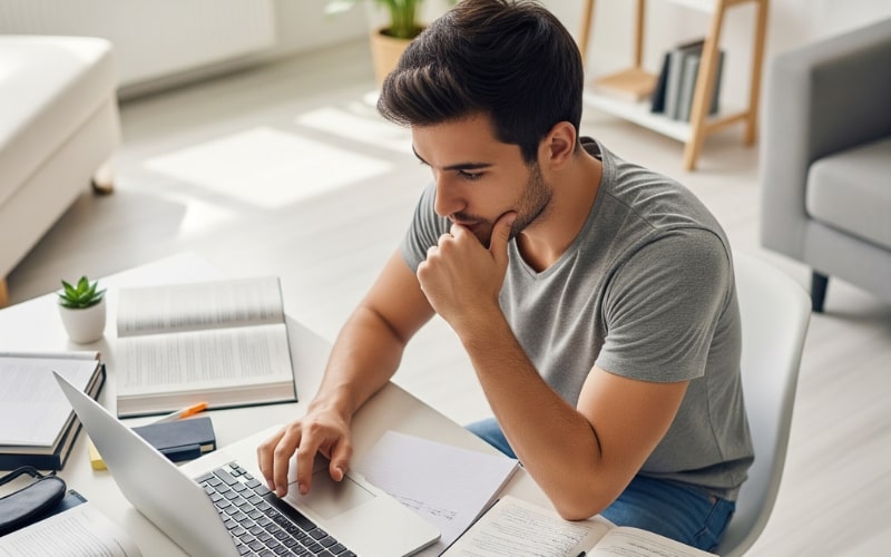 Maryland Real Estate Practice Exam a man is focusing on doing real estate practice tests of Maryland state on his laptop