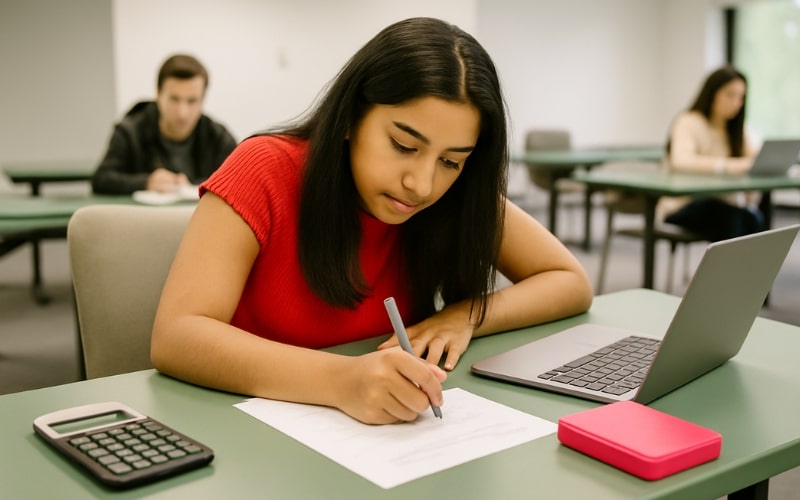 Montana Real Estate Practice Exam a girl notes down wrong answers after completing Montana real estate practice tests