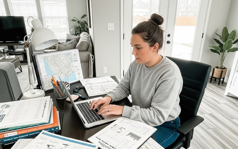 New Jersey Real Estate Practice Exam a woman is studying New Jersey real estate for certifictate by doing mock tests on the computer