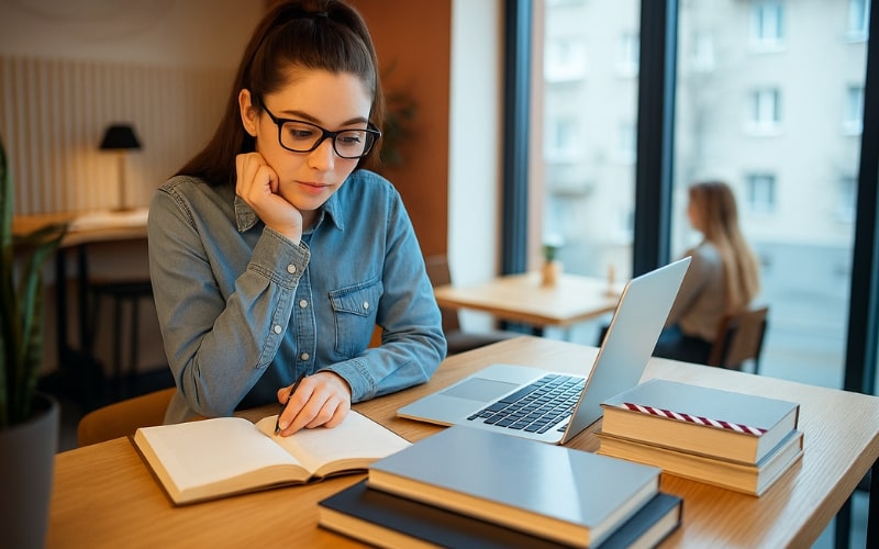 a lady studies and takes Ohio real estate mock test at the cafe