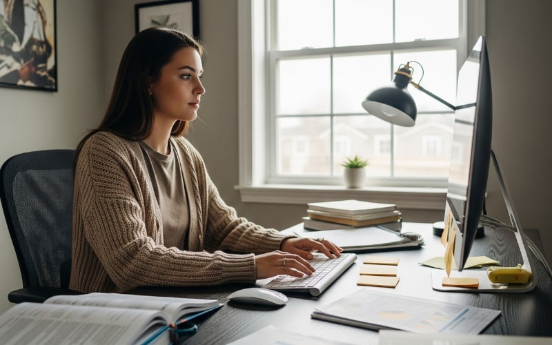 Oklahoma Real Estate Practice Exam an exam taker is practicing free Oklahoma real estate test at home before the official exam