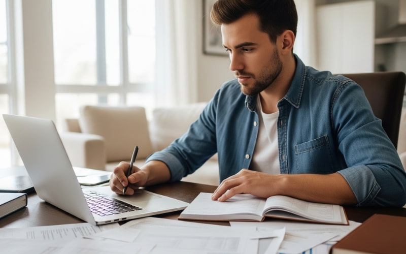 Pennsylvania Real Estate Practice Exam a man preps hard to pass the Pennsylvania real estate exam by taking several free practice tests