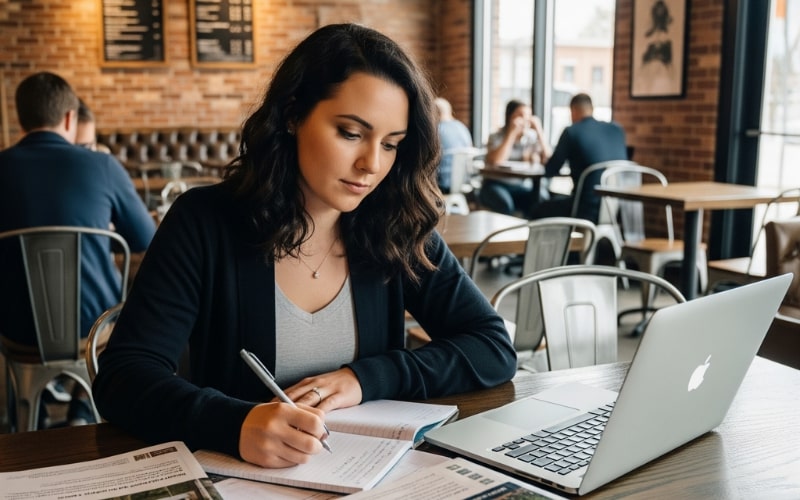 South Dakota Real Estate Practice Exam a young woman is studying South Dakota real estate by doing free tests on the computer