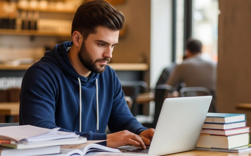 young man does practice tests of Texas state hard to pass the real estate exam 