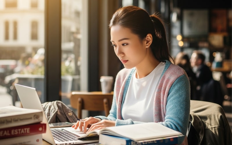 Washington Real Estate Practice Exam a woman is practicing Washington real estate mock tests before taking the official exam