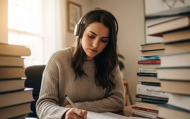 a lady is practicing hard for the official day by taking Wisconsin real estate practice exams