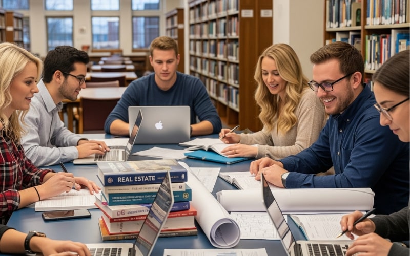 Wyoming Real Estate Practice Exam a group of Wyoming real estate exam takers is doing free practice tests before the official exam in the library